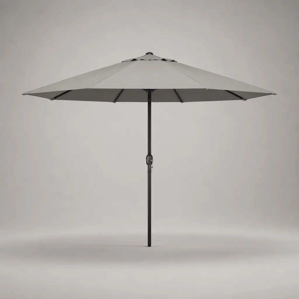 Parasol droit d’extérieur à manivelle en toile polyester grise et acier noir, octogonal, Ø 300 × H 250 cm