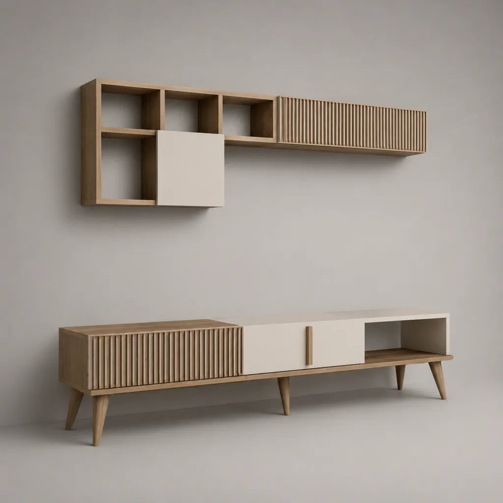 Ensemble meuble TV 2 pièces en bois mélaminé, chêne naturel et blanc cassé – meuble bas 200 × 40 × 50 cm et rangement mural 180 × 30 × 60 cm