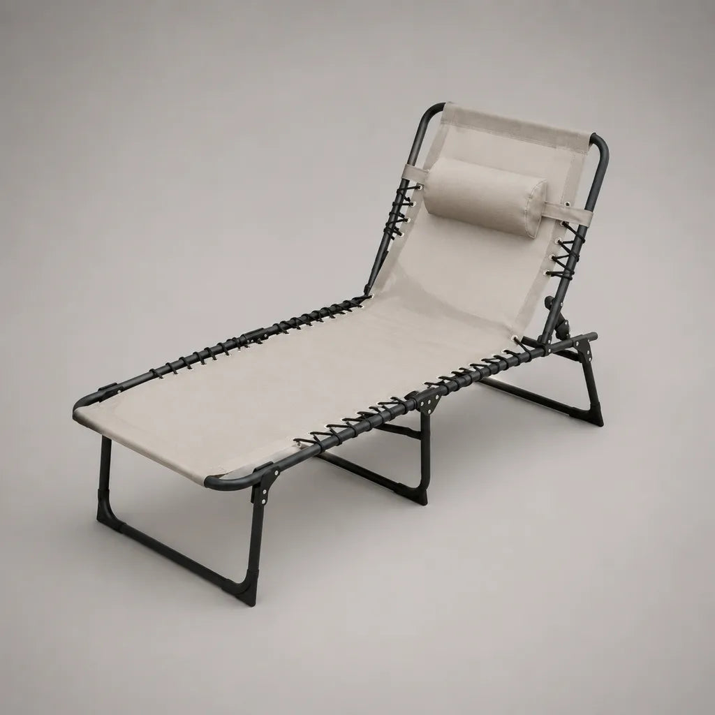 Bain de soleil pliable et réglable en acier et textilène, beige et noir, 153 × 60 × 79 cm