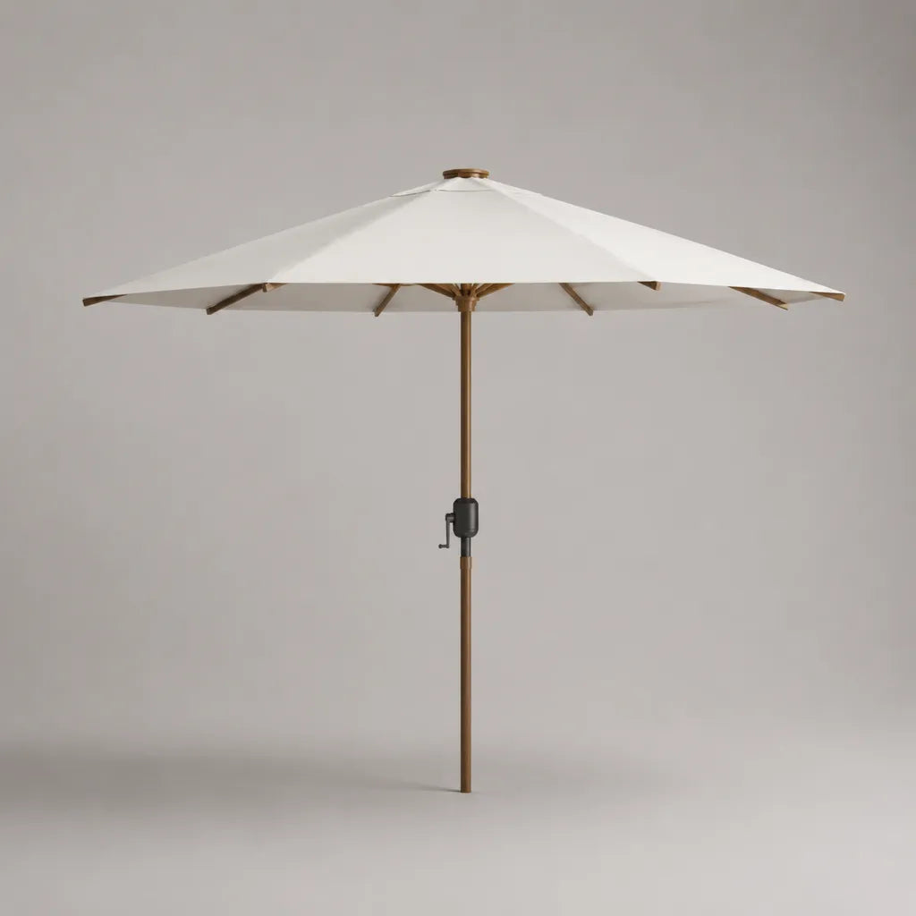 Parasol rond d’extérieur Ø 300 × H 250 cm en tissu écru avec mât en métal brun bronze et manivelle