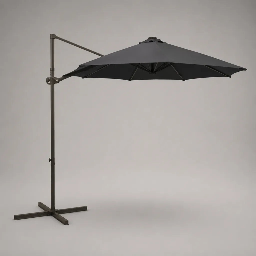 Parasol déporté octogonal 300 × 300 × 250 cm en toile polyester gris anthracite avec structure en acier noir