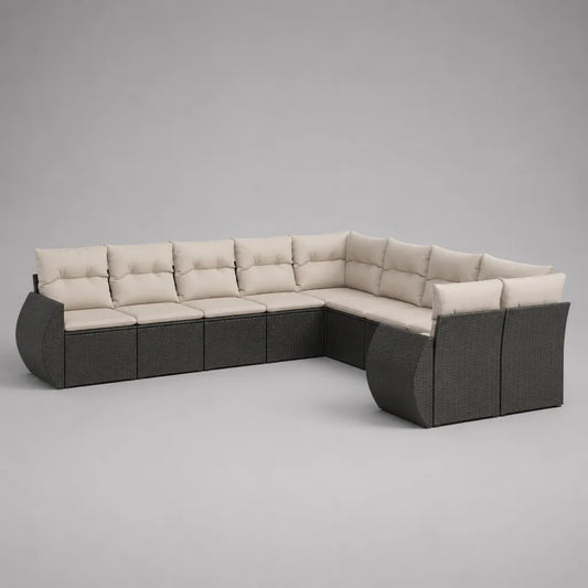 Canapé de jardin d’angle modulable 7 places en résine tressée gris anthracite avec coussins beiges, 325 × 220 × 78 cm