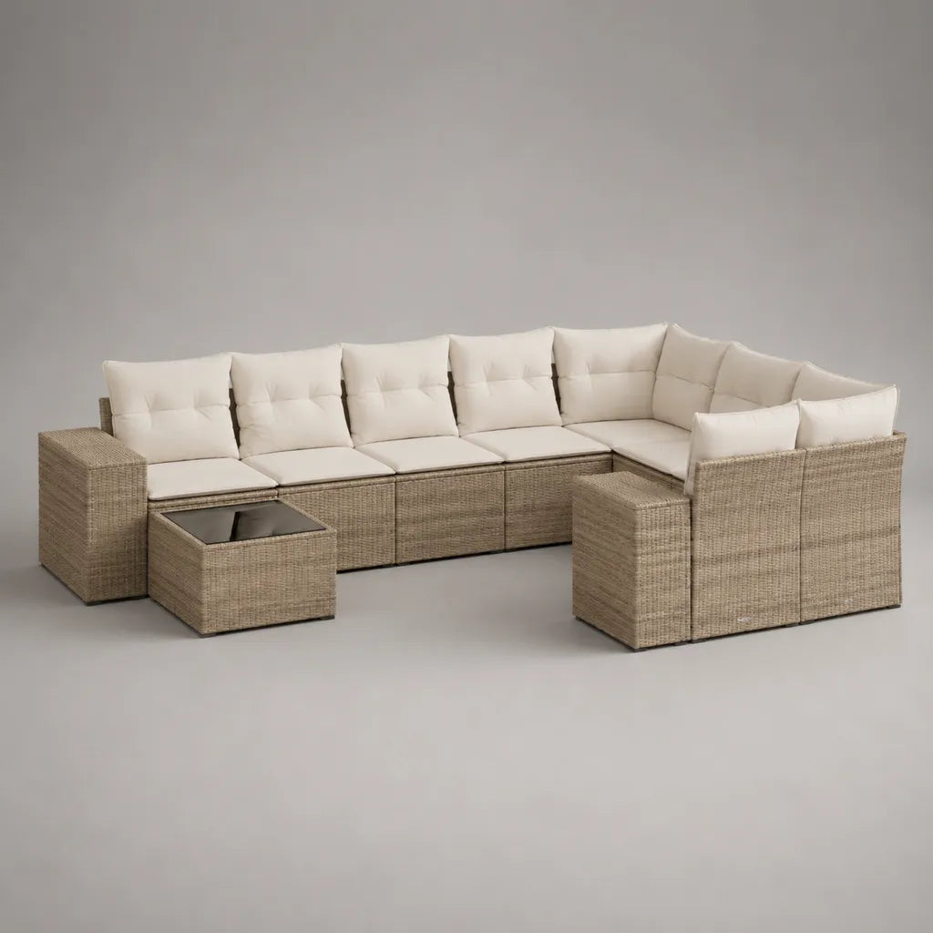 Canapé d’angle de jardin modulable 7 places, ensemble 9 pièces en résine tressée PE beige taupe avec coussins écrus, 342 × 214 × 74 cm