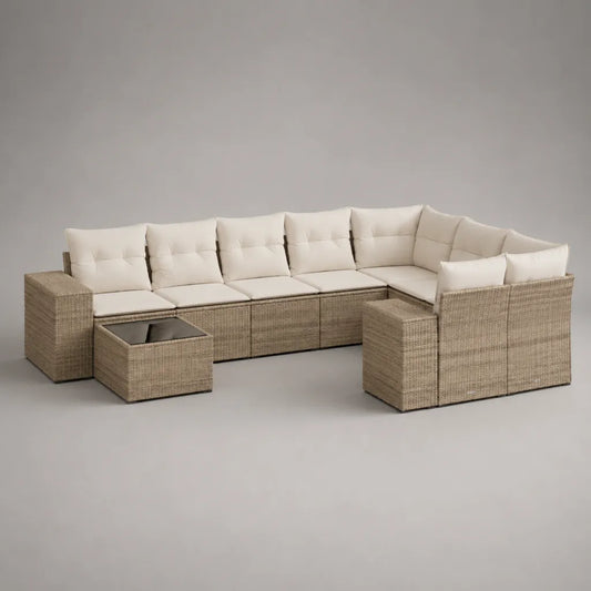 Canapé d’angle de jardin modulable 7 places, ensemble 9 pièces en résine tressée PE beige taupe avec coussins écrus, 342 × 214 × 74 cm