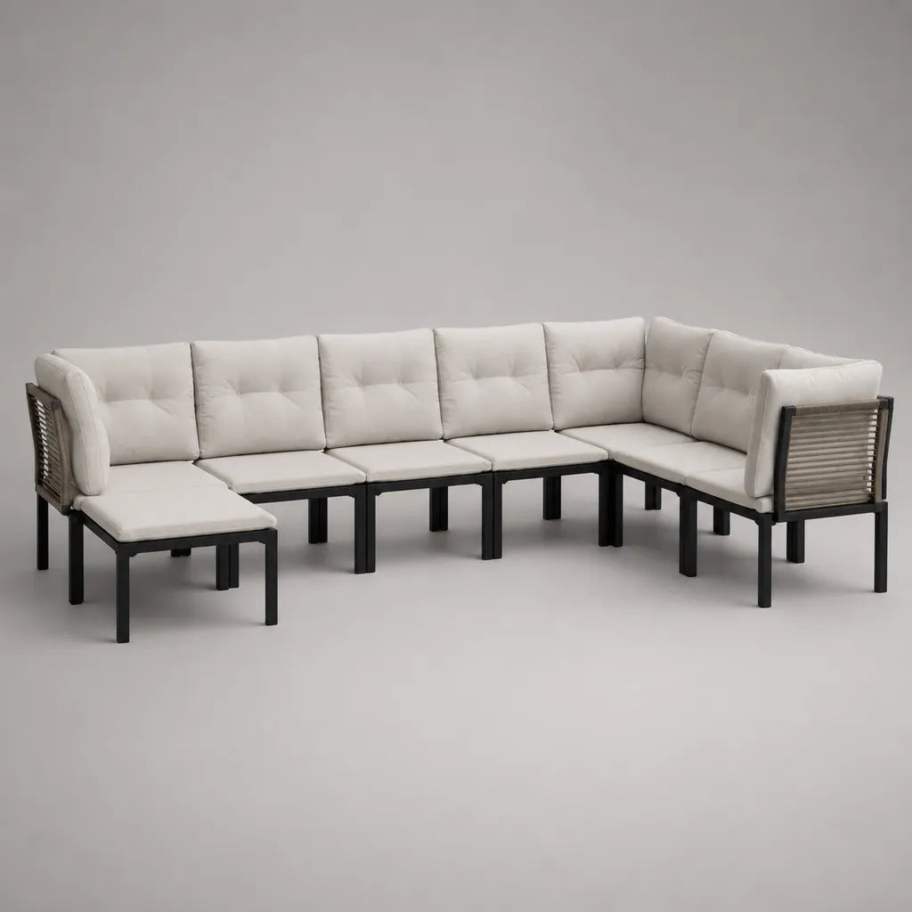 Canapé de jardin modulable 7 places en acier, corde et tissu écru, 7 éléments, 305 × 205 × 76 cm