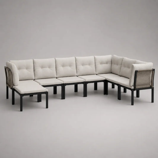 Canapé de jardin modulable 7 places en acier, corde et tissu écru, 7 éléments, 305 × 205 × 76 cm