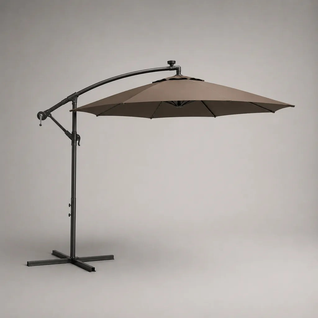 Parasol déporté rond inclinable d’extérieur en polyester et acier, taupe et noir, Ø 300 × H 250 cm