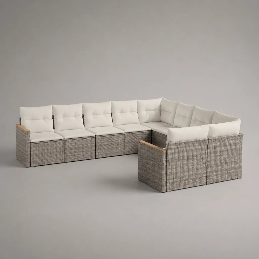 Canapé de jardin modulable 8 places en résine tressée grise, configuration en U, coussins blanc cassé, 305 × 218 × 74 cm