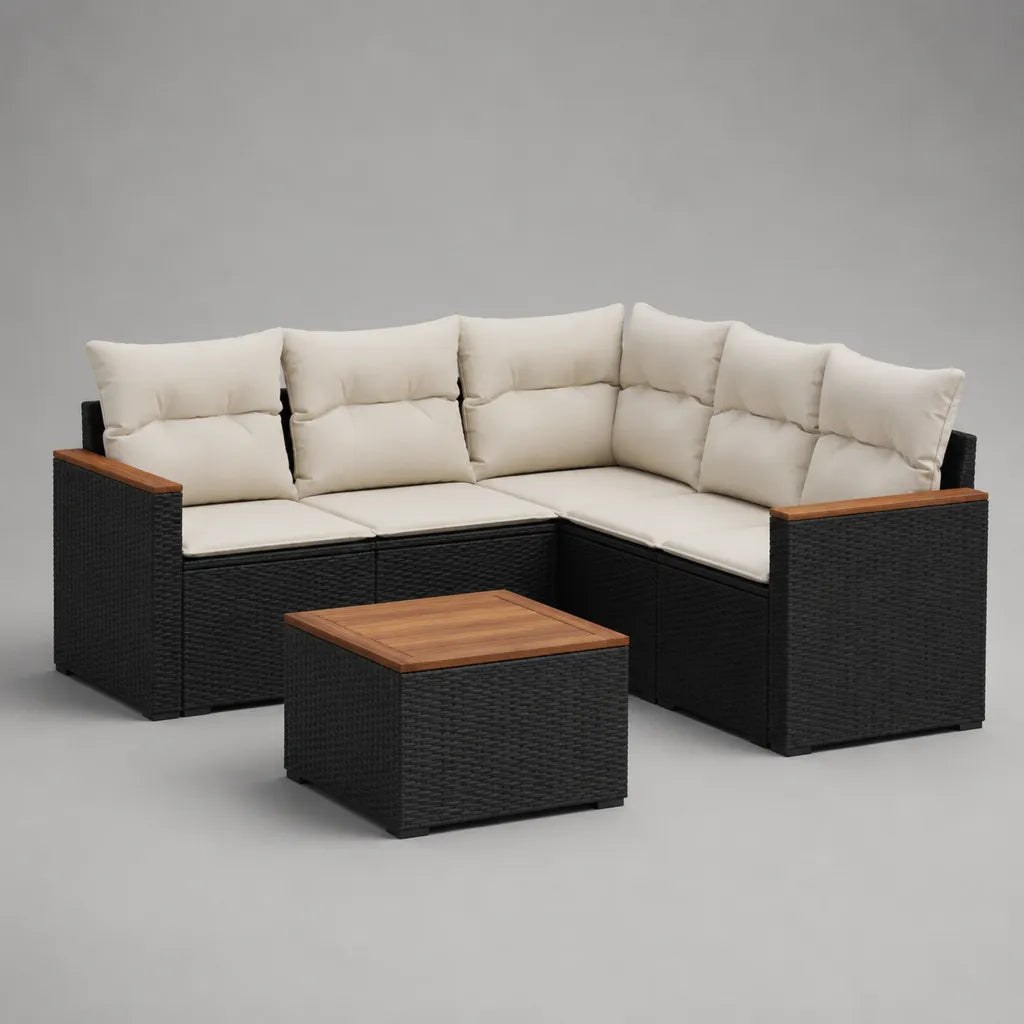 Ensemble de jardin d’angle 5 places avec table basse en résine tressée, acier et bois, noir, beige et marron, canapé 220 × 220 × 85 cm, table 65 × 65 × 35 cm
