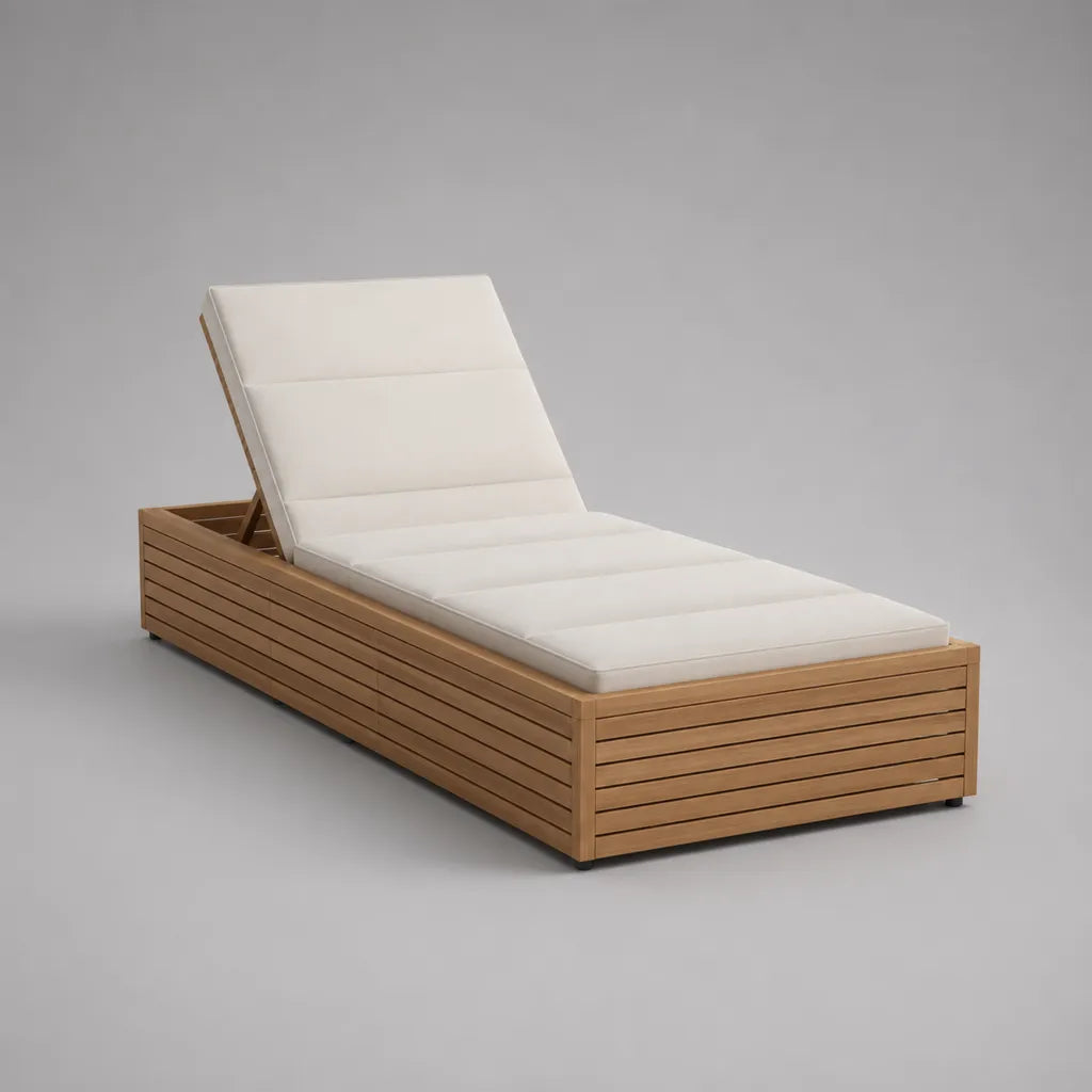 Bain de soleil d’extérieur réglable en bois massif avec coussin en tissu écru, 200 × 75 × 40 cm