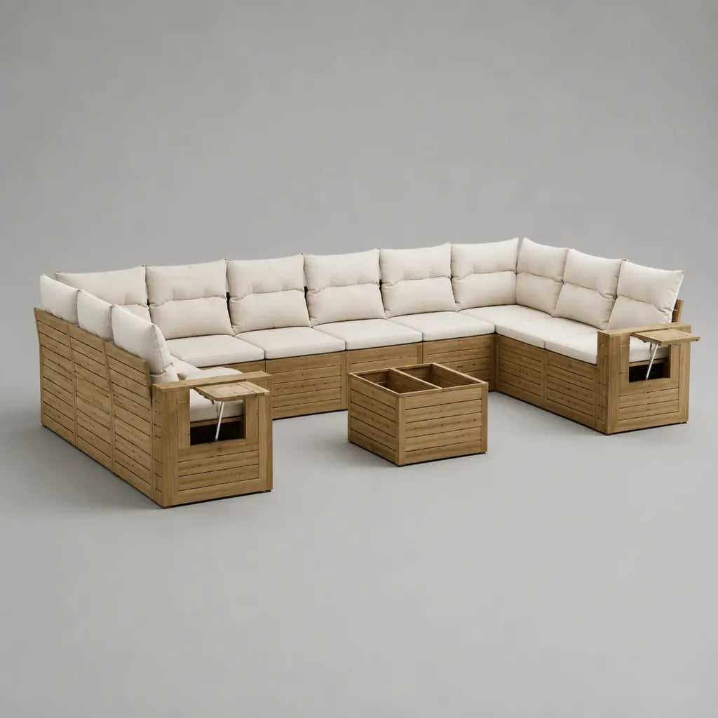 Ensemble canapé de jardin modulable en U 8 places en bois, coussins beige et table basse, 320 × 240 × 76 cm