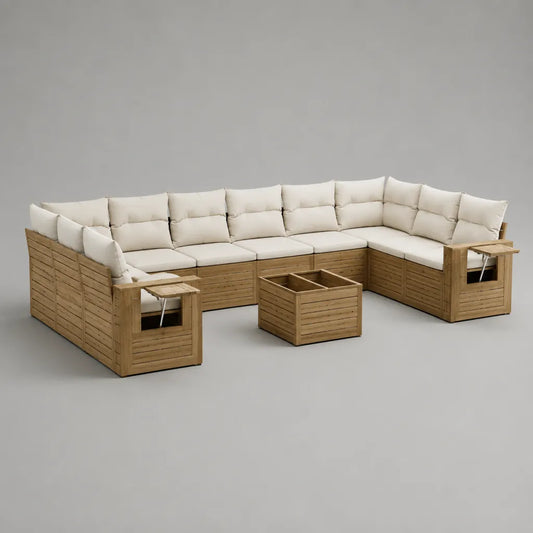 Ensemble canapé de jardin modulable en U 8 places en bois, coussins beige et table basse, 320 × 240 × 76 cm