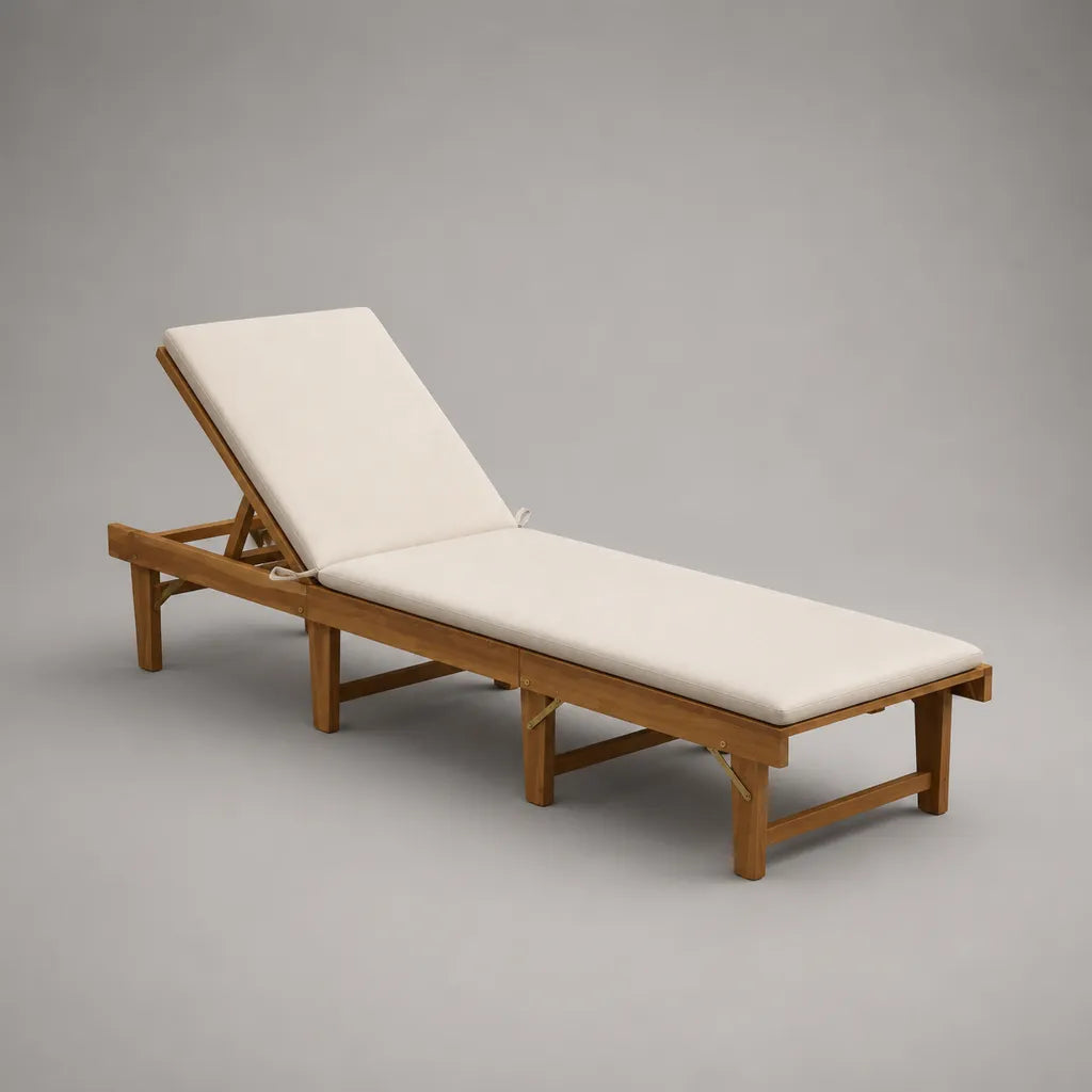 Bain de soleil pliable et réglable en acacia massif avec coussin en polyester crème, 198 × 65 × 30–82 cm