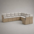 Canapé de jardin d’angle 7 places en résine tressée beige avec coussins en tissu écru, 286 × 230 × 85 cm