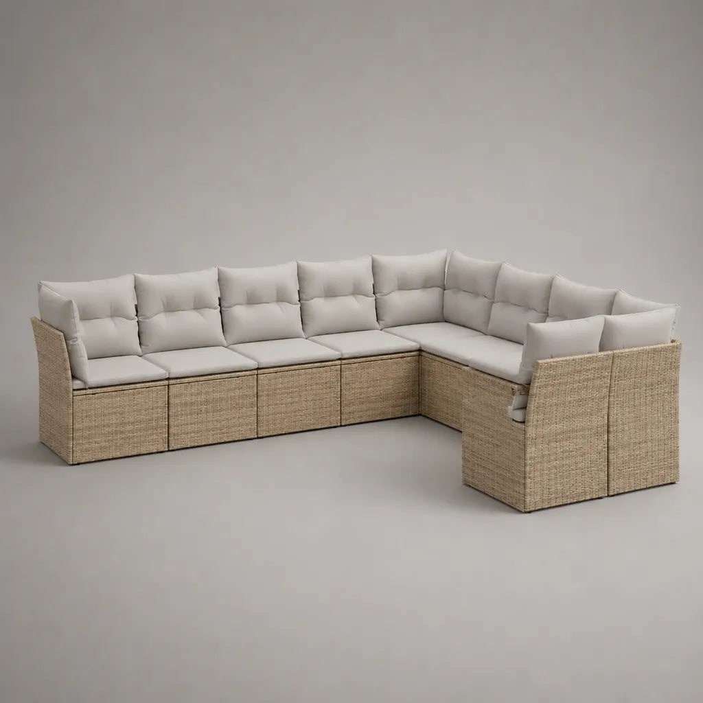 Canapé de jardin d’angle 7 places en résine tressée beige avec coussins en tissu écru, 286 × 230 × 85 cm