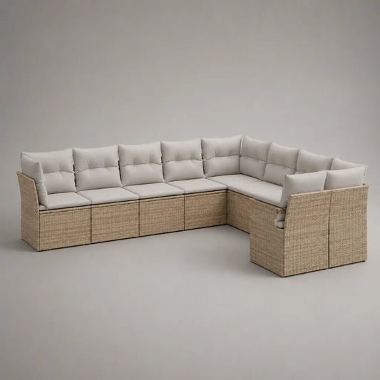 Canapé de jardin d’angle 7 places en résine tressée beige avec coussins en tissu écru, 286 × 230 × 85 cm