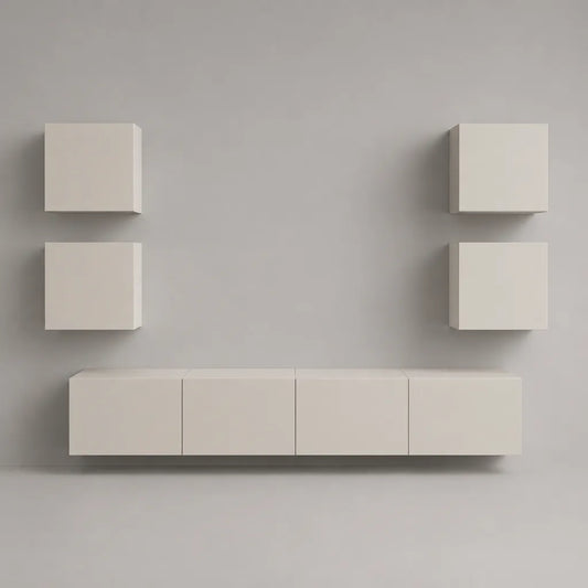 Ensemble meuble TV mural suspendu 5 pièces en MDF et bois aggloméré blanc cassé mat – meuble bas 240 × 40 × 40 cm et 4 caissons 40 × 30 × 40 cm