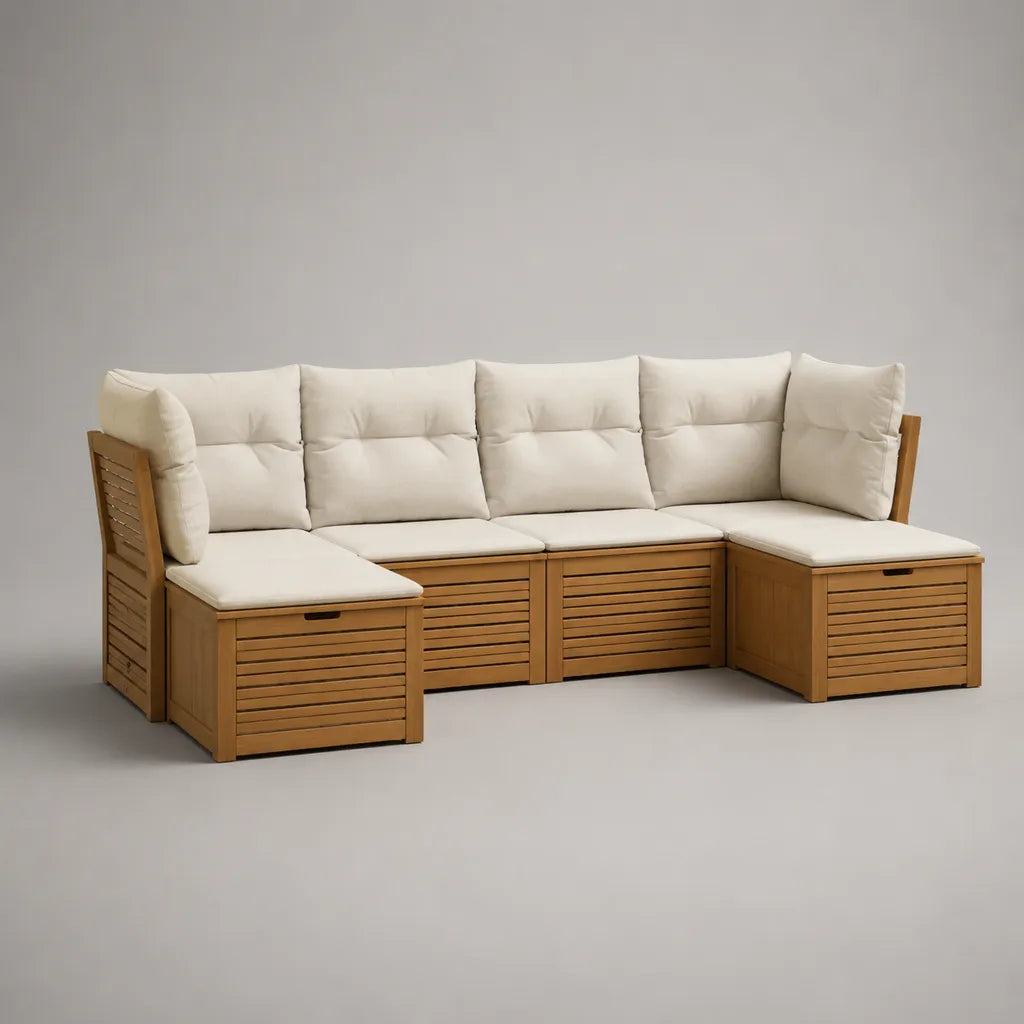 Canapé de jardin modulable 4 places en U en bois avec 4 coffres et coussins écrus, brun miel, 260 × 158 × 82 cm