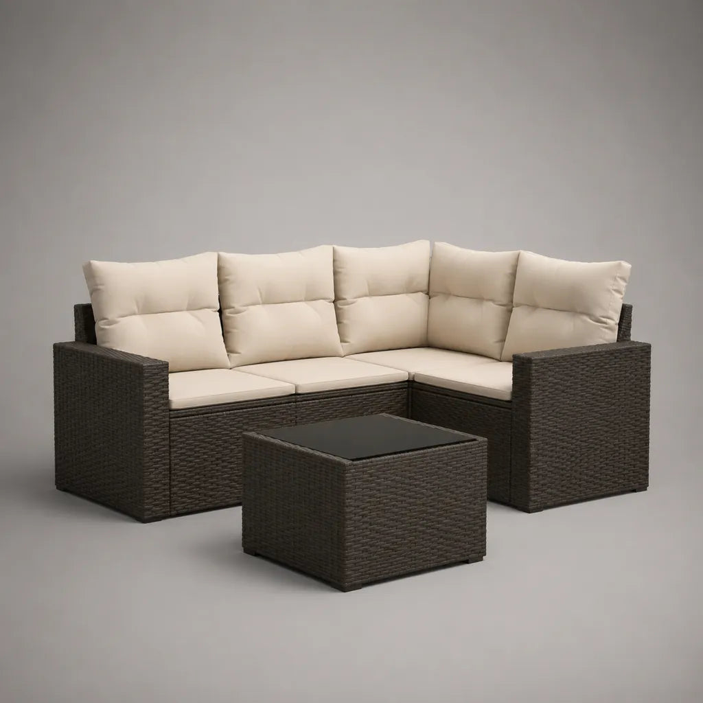 Ensemble canapé de jardin d’angle 5 places en résine tressée marron avec coussins beiges et table basse, 190 × 190 × 74 cm