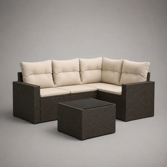Ensemble canapé de jardin d’angle 5 places en résine tressée marron avec coussins beiges et table basse, 190 × 190 × 74 cm