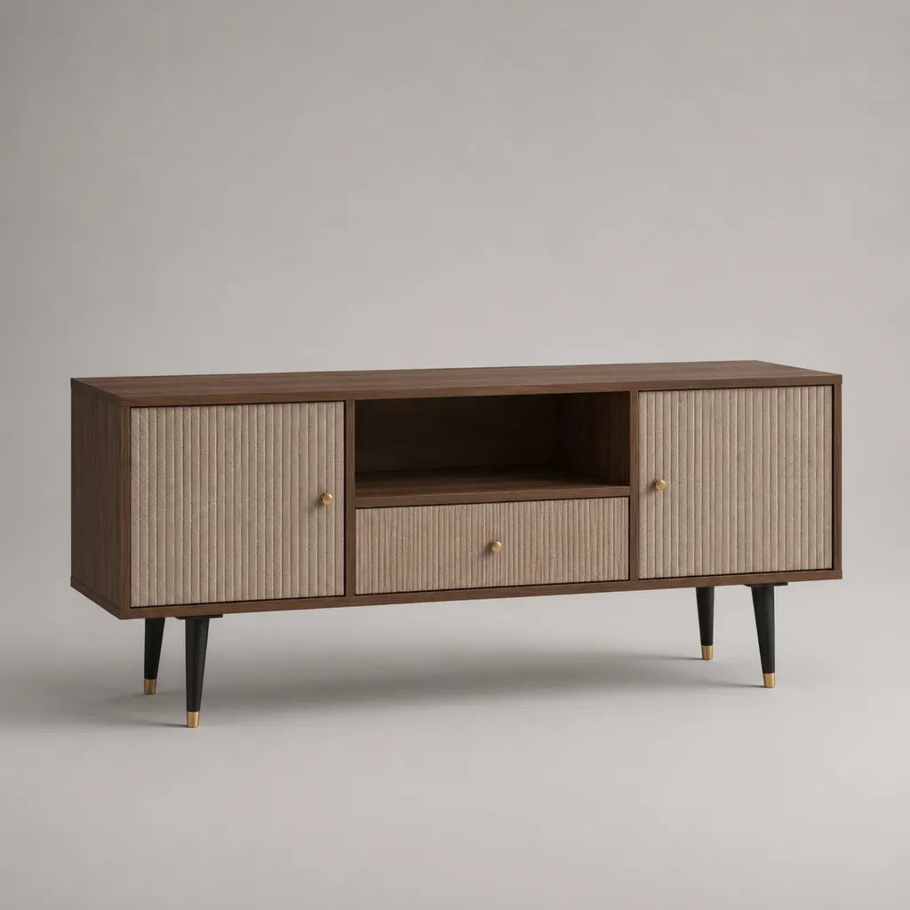 Meuble TV en MDF plaqué noyer, 2 portes, 1 tiroir et niche ouverte, marron noyer et beige, 150 × 40 × 65 cm