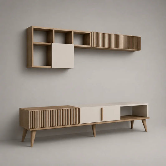 Ensemble meuble TV 2 pièces en bois mélaminé, chêne naturel et blanc cassé – meuble bas 200 × 40 × 50 cm et rangement mural 180 × 30 × 60 cm