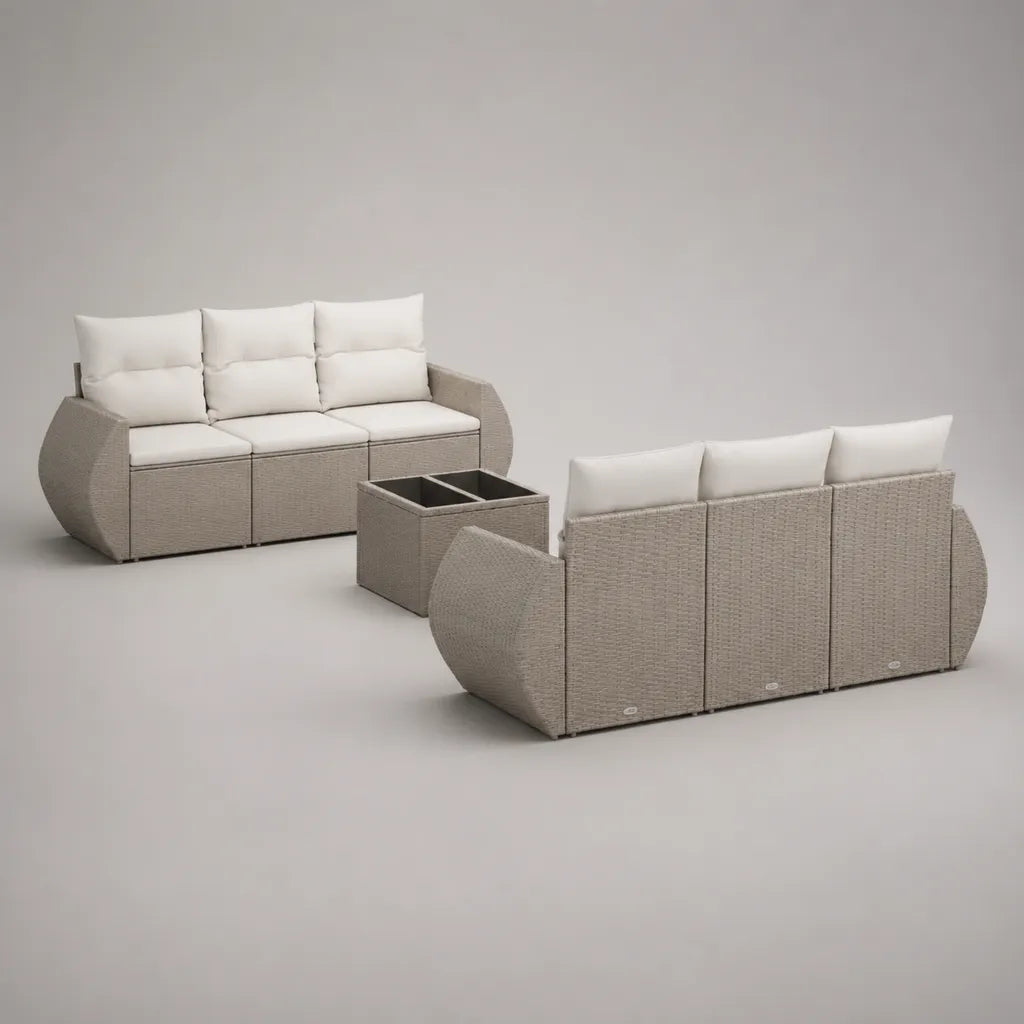 Salon de jardin 3 pièces 6 places en résine tressée taupe avec coussins écrus, canapés 193 × 78 × 76 cm et table 82 × 52 × 42 cm