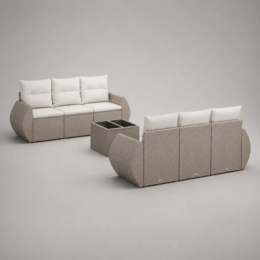 Salon de jardin 3 pièces 6 places en résine tressée taupe avec coussins écrus, canapés 193 × 78 × 76 cm et table 82 × 52 × 42 cm