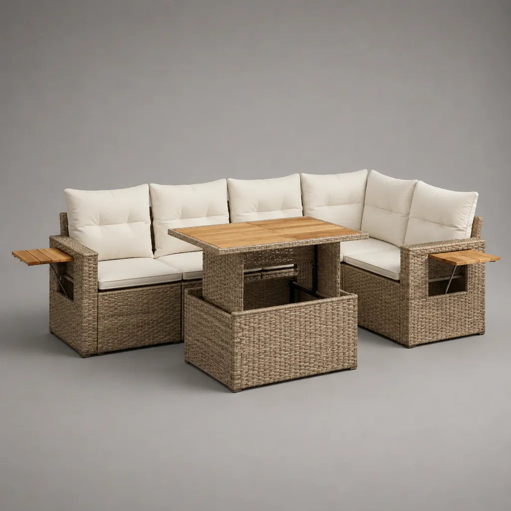 Ensemble canapé de jardin d’angle 7 places en résine tressée PE, acier et bois avec table, banc et tablettes latérales, taupe et beige écru, 237 × 180 × 83 cm