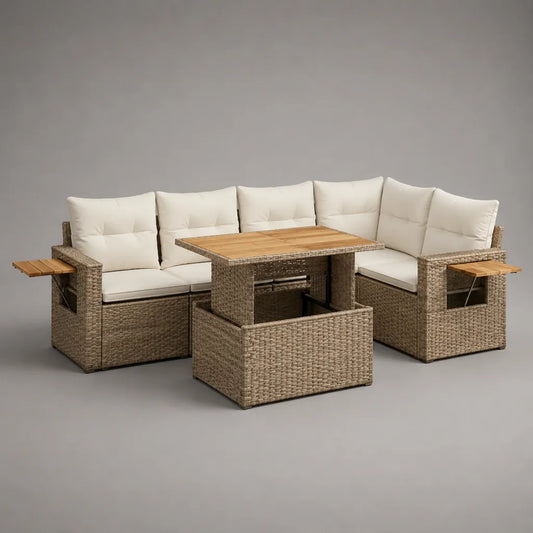 Ensemble canapé de jardin d’angle 7 places en résine tressée PE, acier et bois avec table, banc et tablettes latérales, taupe et beige écru, 237 × 180 × 83 cm