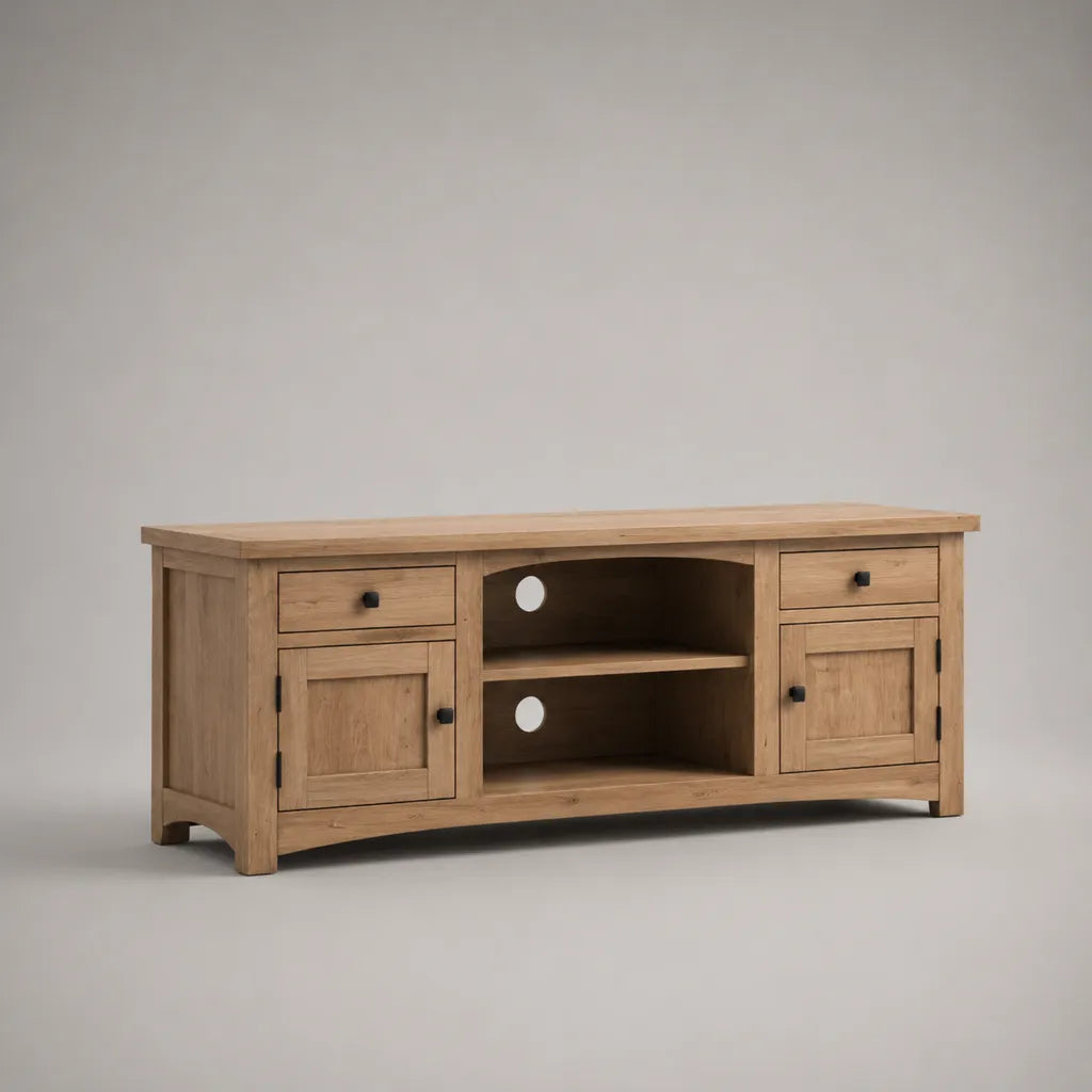 Meuble TV en bois naturel et noir, 2 portes, 2 tiroirs, 2 niches et passe-câbles, 150 × 45 × 65 cm