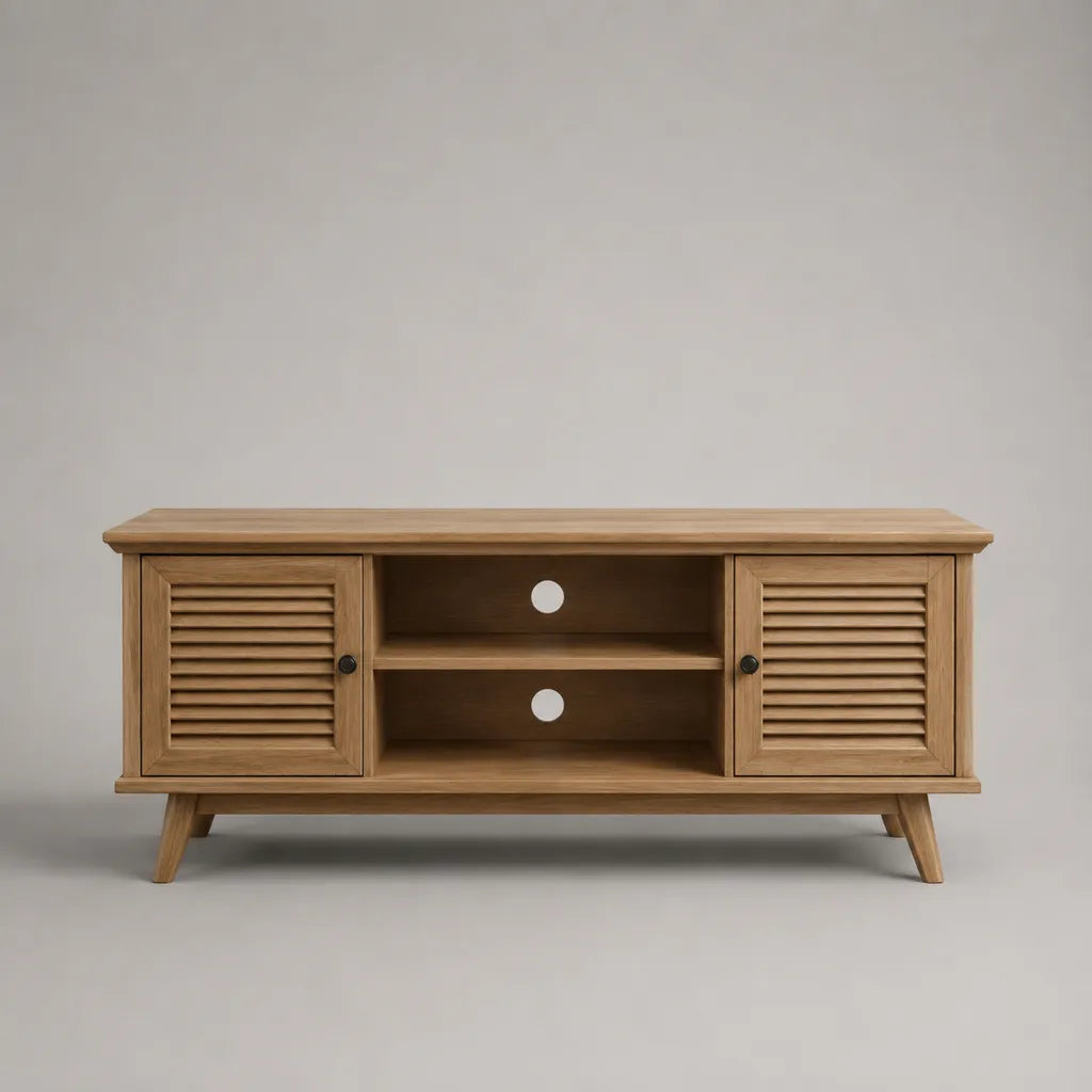 Meuble TV en pin massif avec 2 portes persiennes et 2 niches, bois naturel et noir, 120 × 40 × 65 cm