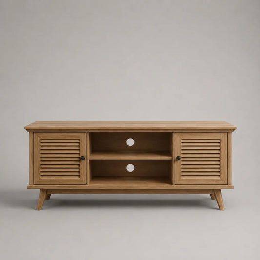 Meuble TV en pin massif avec 2 portes persiennes et 2 niches, bois naturel et noir, 120 × 40 × 65 cm