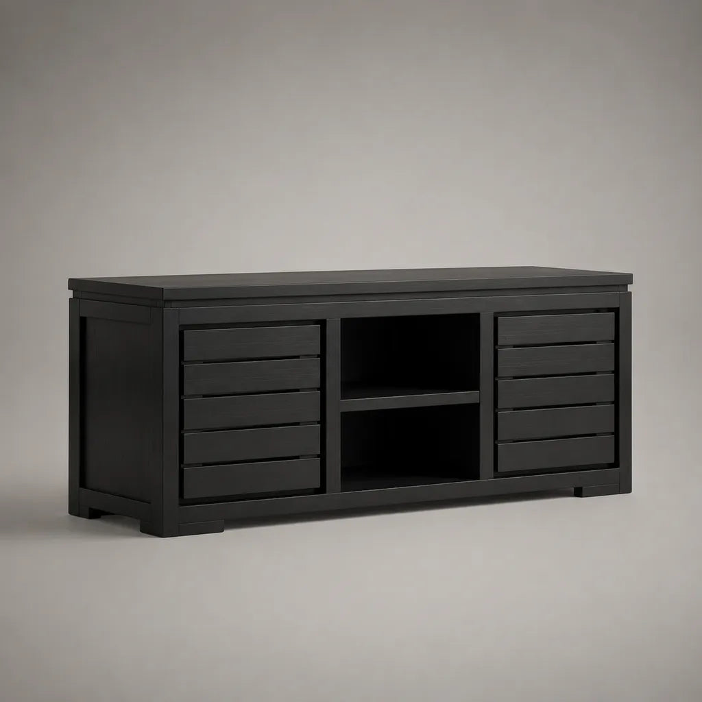 Meuble TV rectangulaire en MDF plaqué frêne noir avec rangements, 150 × 40 × 65 cm