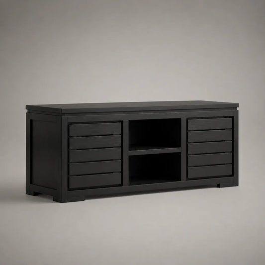 Meuble TV rectangulaire en MDF plaqué frêne noir avec rangements, 150 × 40 × 65 cm