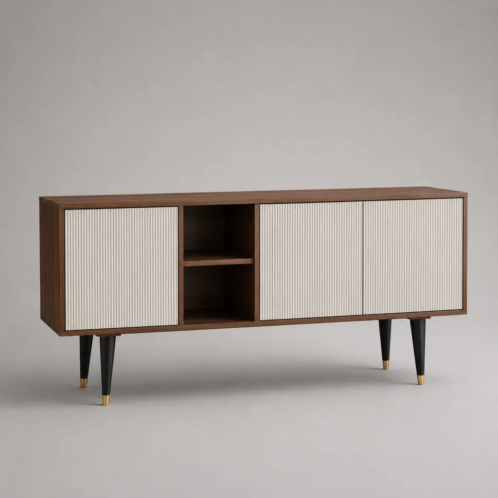 Meuble TV rectangulaire en panneaux de particules et MDF, 3 portes et 2 niches, noyer et blanc cassé, 160 × 40 × 75 cm