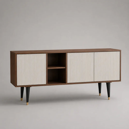 Meuble TV rectangulaire en panneaux de particules et MDF, 3 portes et 2 niches, noyer et blanc cassé, 160 × 40 × 75 cm