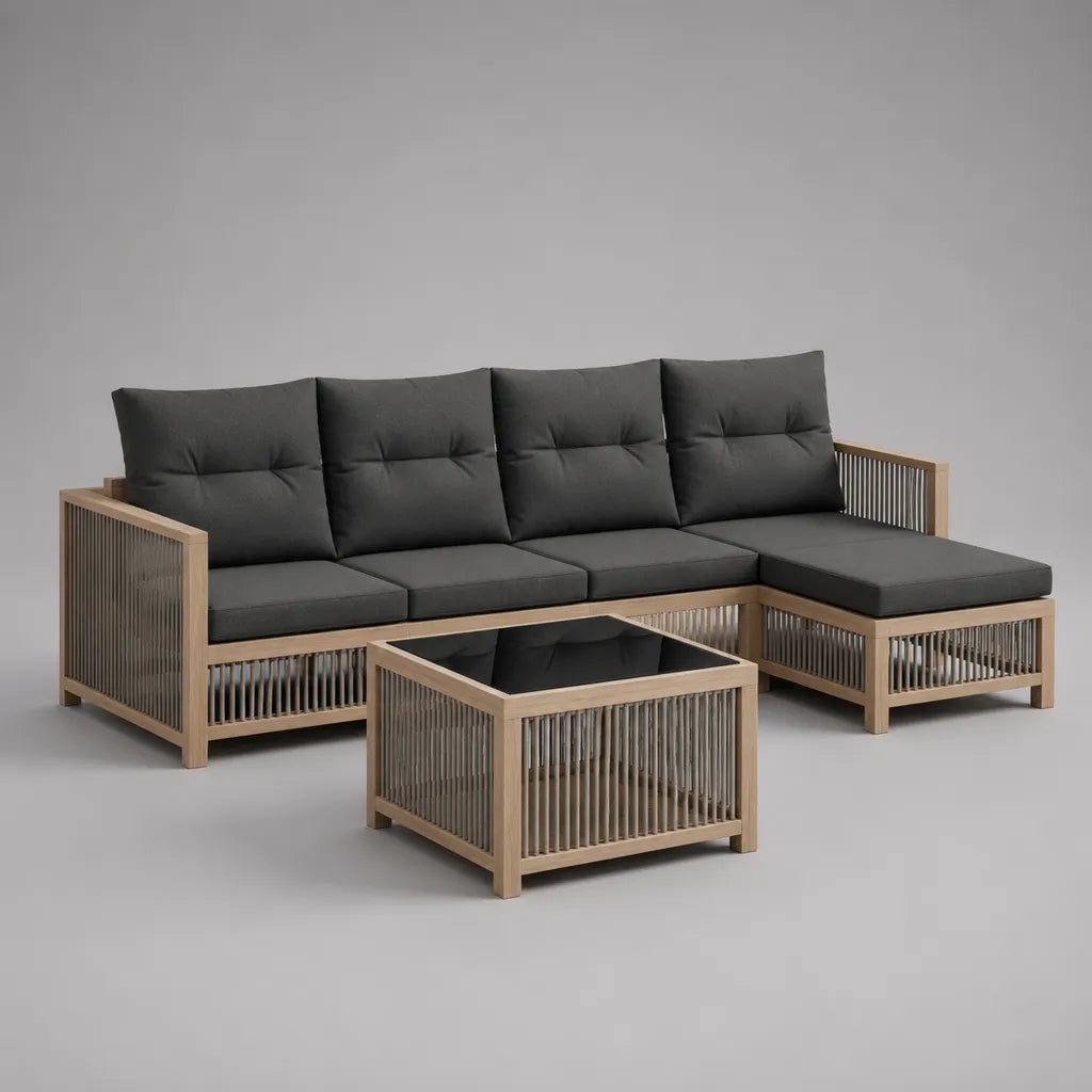 Ensemble de salon de jardin 3 pièces en bois, corde et verre, canapé d’angle 4 places 238 × 168 × 82 cm et table basse 70 × 70 × 45 cm, gris anthracite, naturel et noir