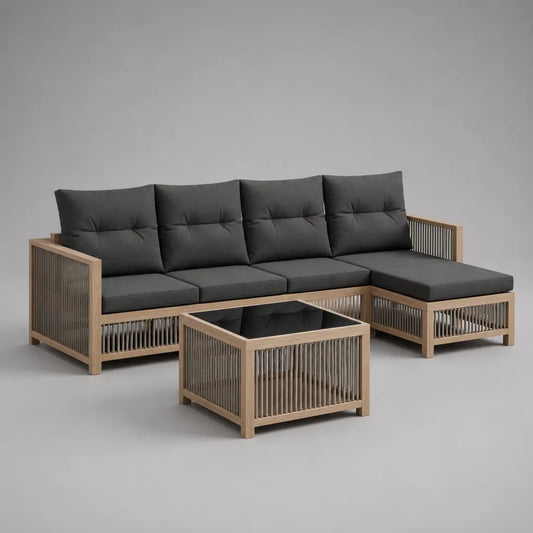 Ensemble de salon de jardin 3 pièces en bois, corde et verre, canapé d’angle 4 places 238 × 168 × 82 cm et table basse 70 × 70 × 45 cm, gris anthracite, naturel et noir