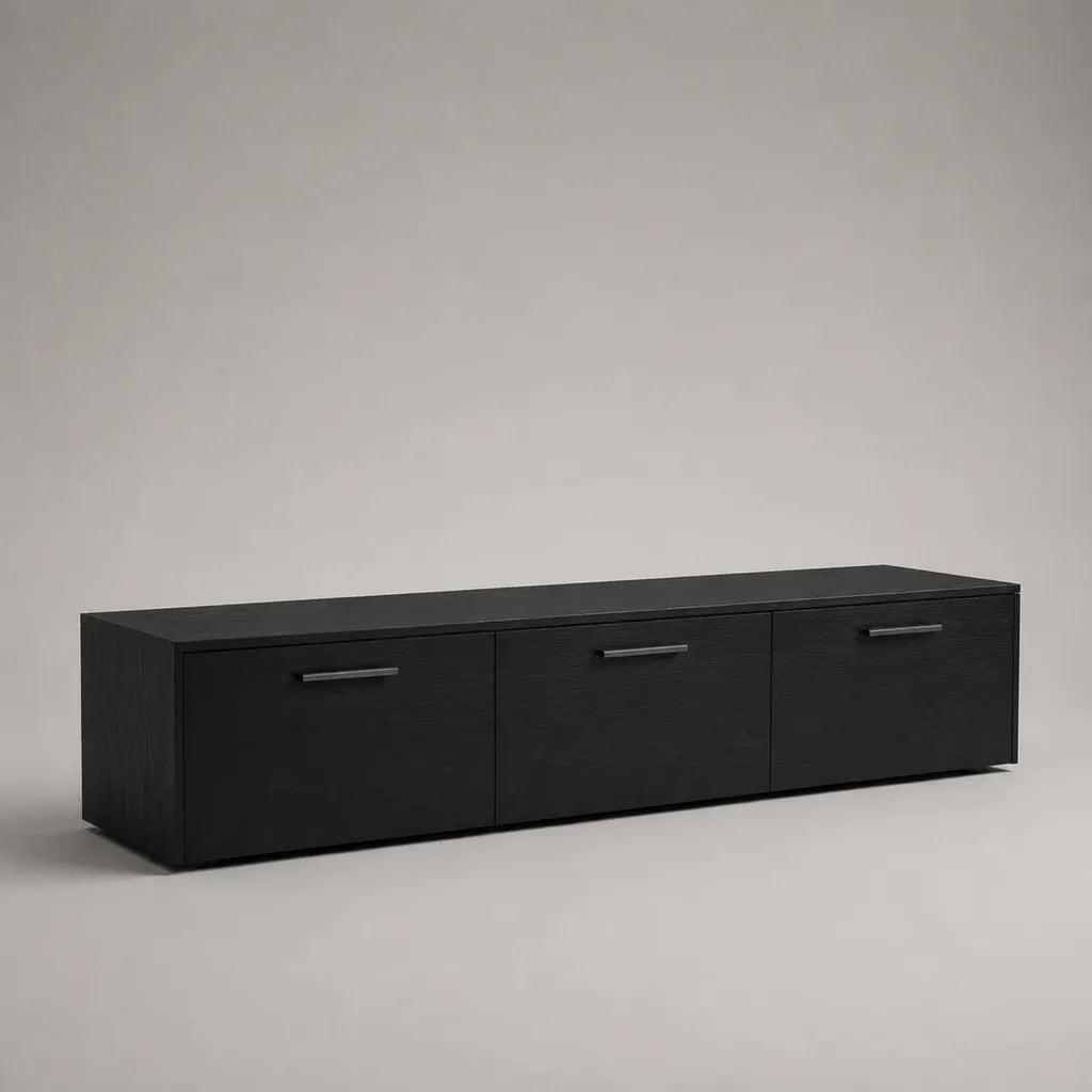 Meuble TV bas rectangulaire en panneaux de particules mélaminés, 3 portes, noir et gris foncé, 180 × 40 × 45 cm