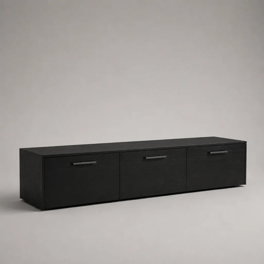 Meuble TV bas rectangulaire en panneaux de particules mélaminés, 3 portes, noir et gris foncé, 180 × 40 × 45 cm