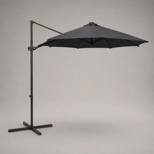 Parasol déporté octogonal 300 × 300 × 250 cm en toile polyester gris anthracite avec structure en acier noir
